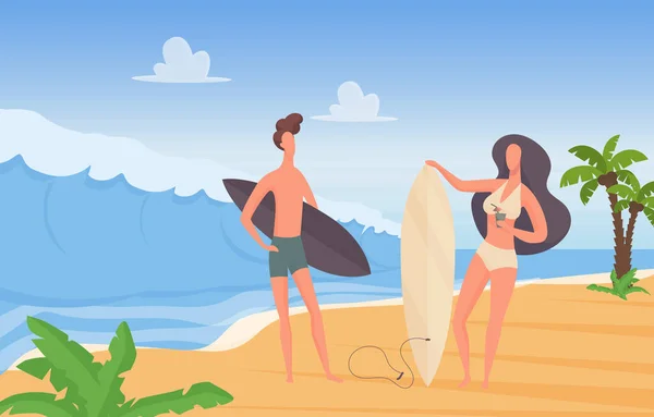 Серфер пара людей з дошками для серфінгу на літньому спорті, подорожувати екстремальними пригодами для відпочинку — стоковий вектор