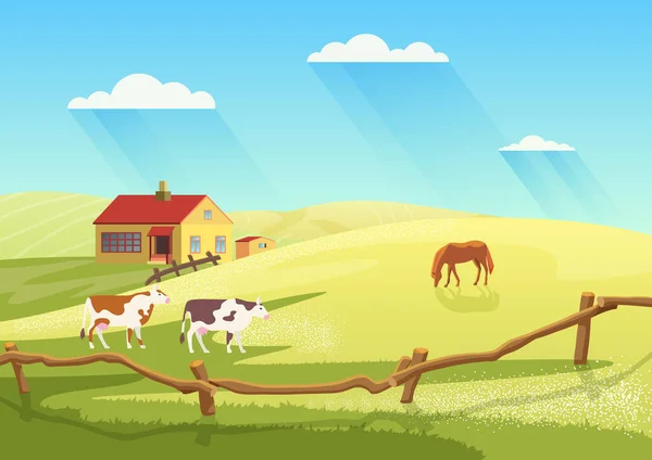 Granja lechera de pueblo con vacas, campo rancho rural paisaje de verano y granja — Vector de stock