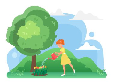 Çiftlik bahçesinde çiçekleri sulayan kız, lale yetiştiren kız, mutlu çocuk bahçıvanı.