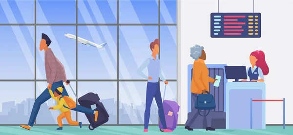Menschen im Abflugterminal des Flughafens, warten auf den Check-in, rennen zum Flugzeuggate — Stockvektor