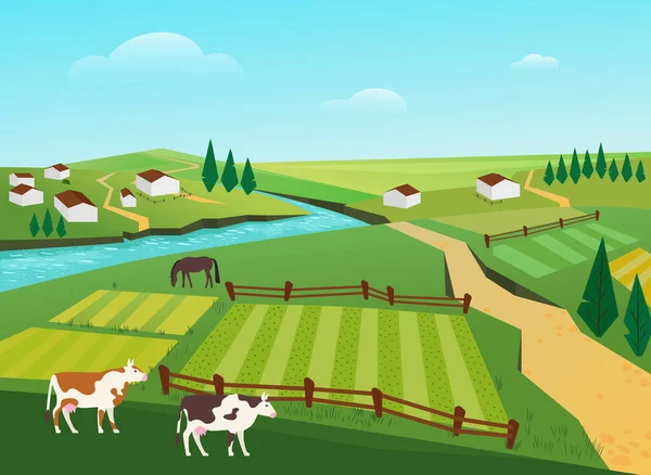 Cows graze in village countryside summer landscape, milk cattle farm, farmhouses — Stock Vector