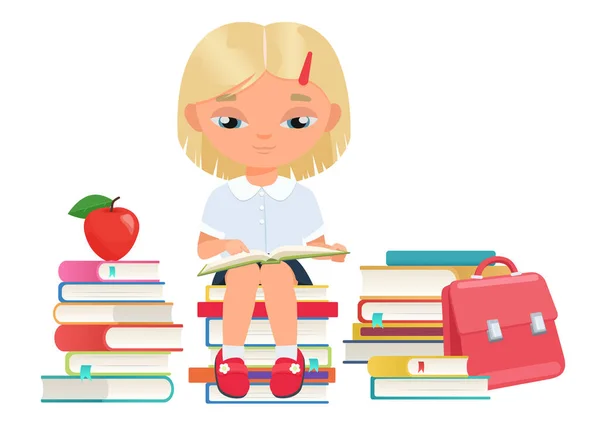 Chica feliz estudiante leyendo libro abierto en la biblioteca, la educación, el aprendizaje de lindo lector de niños — Archivo Imágenes Vectoriales