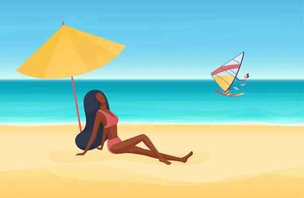 Літній морський або океанський пляж, морський відпочинок на тропічному острові, серфінг серфінг людини — стоковий вектор