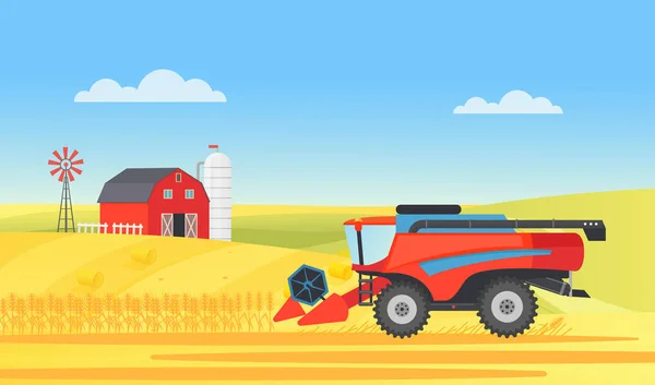 Wheat farm harvester working in village rural landscape, agriculture harvesting work — Stock Vector