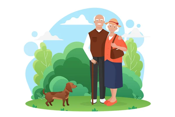 Personnes âgées couple sénior promenades avec un petit chien dans le parc — Image vectorielle