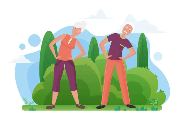 Linda pareja de ancianos haciendo ejercicios deportivos en el parque — Vector de stock