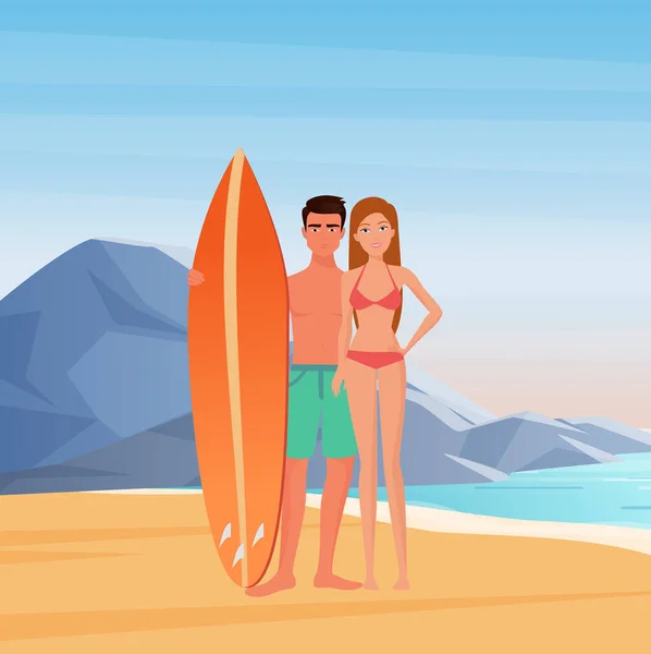 Jovem casal de surfistas no fundo rochas do mar —  Vetores de Stock
