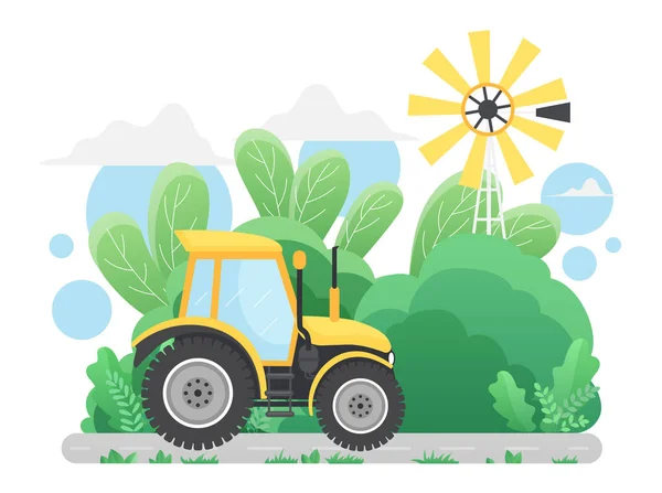 农业拖拉机在农村风景、农村风景的农村道路上行驶 — 图库矢量图片