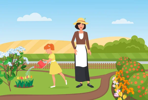 Familienbäuerinnen arbeiten, gießen Blumen im Bauerngarten, Mädchen, Gärtnerinnen arbeiten — Stockvektor