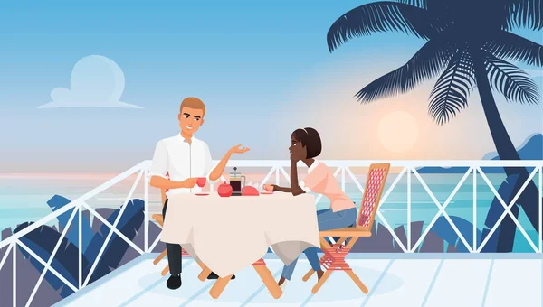 Νεαρό ζευγάρι σε ραντεβού σε εστιατόριο κοντά στον ωκεανό κατά τη διάρκεια του ηλιοβασιλέματος — Διανυσματικό Αρχείο