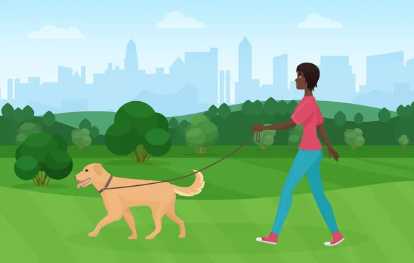 Femme noire afro-américaine marchant avec chien terrier doré animal dans le parc — Image vectorielle