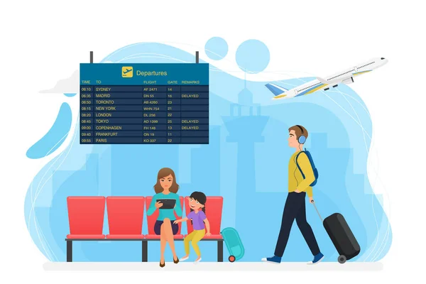 Aguardando área do aeroporto com quadro de horários, os turistas esperam por transporte de voo — Vetor de Stock