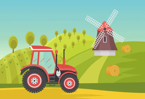 Ranch jordbruk sommar gröna fält med modern gård traktor, landsbygd agronomi — Stock vektor