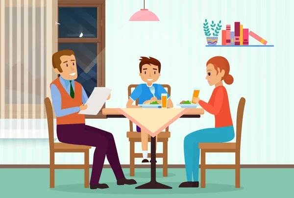 Család emberek étkező otthon nappali belső tér, apa olvasás az asztalnál — Stock Vector