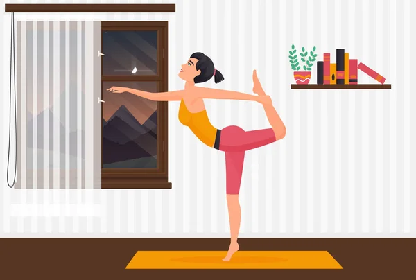 Domov jóga pilates, dívka cvičení na jóga mat, žena protahování tělo v interiéru místnosti — Stockový vektor