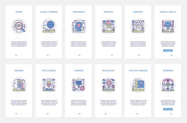 Zihin süreci, akıl sağlığı, eğitim UX, UI mobil uygulama sayfası seti