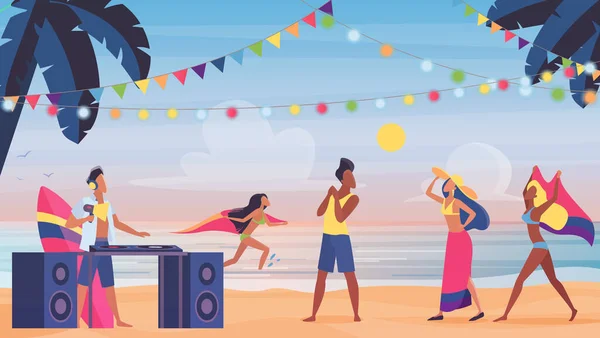 Yaz sahili insanları, sahil müziği DJ 'lerle eğlenceli parti, tropikal ada tatili — Stok Vektör