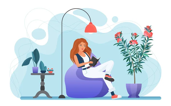 Meisje leesboek thuis, jonge vrouw zittend in moderne gezellige fauteuil onder lamp — Stockvector