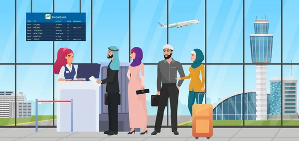 Flugschlange mit saudi-arabischen Passagieren, Airline-Mitarbeiter checken Ticket am Flughafen — Stockvektor