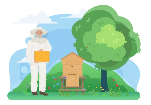 Včelařství, včelařská práce v obci, starší včelaři držící plástve — Stockový vektor