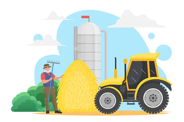 Jordbrukare arbetar i byn, sädesskörd jordbruk, äldre arbetstagare innehar högaffel — Stock vektor