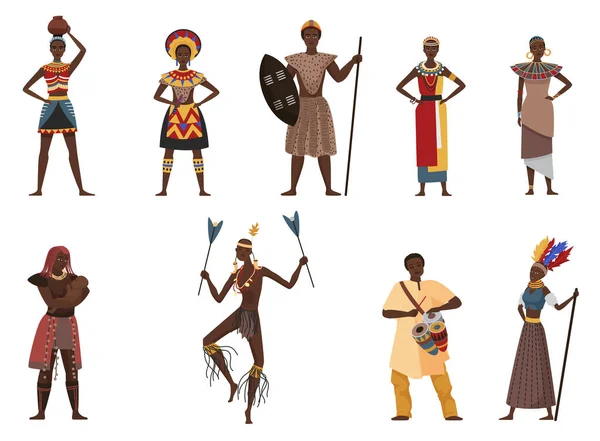 Africano tribo pessoas, aldeia nativa etnia definida, homem mulher em roupas étnicas tribais — Vetor de Stock