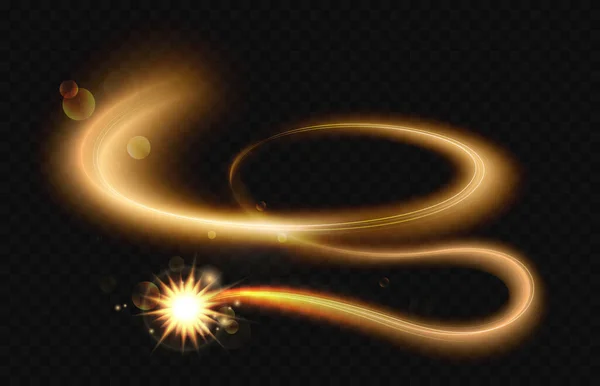 Golden shooting star effect, light line trail of zářící létající magie zářící hvězdné komety — Stockový vektor