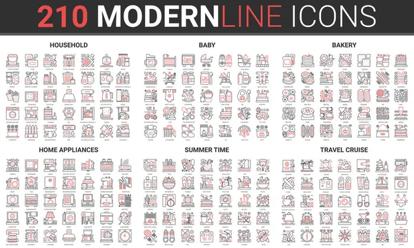 Home appliances, household tools, summer vacation, bakery or baby care thin line icon set — Archivo Imágenes Vectoriales