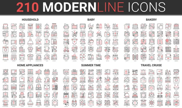 Побутова техніка, побутові інструменти, літні канікули, хлібобулочні вироби або дитячий догляд тонка лінія набір значків — стоковий вектор