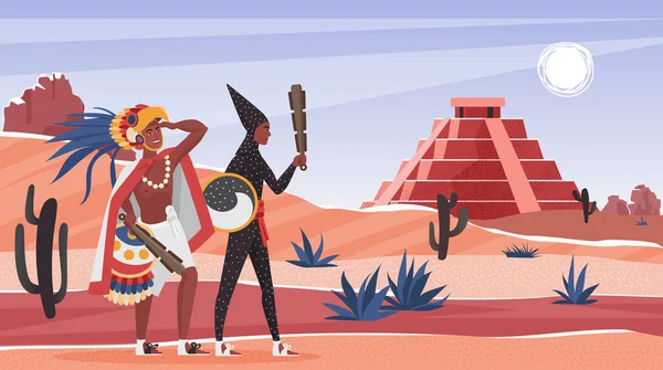 Aztekisk stam människor i vilda ökenlandskap med altare pyramid av antik civilisation — Stock vektor