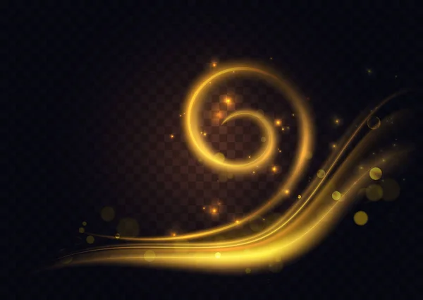 Gold twirl light effect, golden swirl energy glow, yellow magic bright line shape shining — Stockvektor