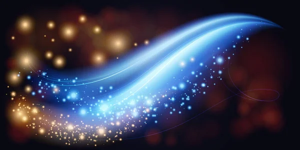Dalgalarda soyut parlaklıklar yıldız tozu izi, altın ve mavi neon parçacıkları ile ışık etkisi — Stok Vektör