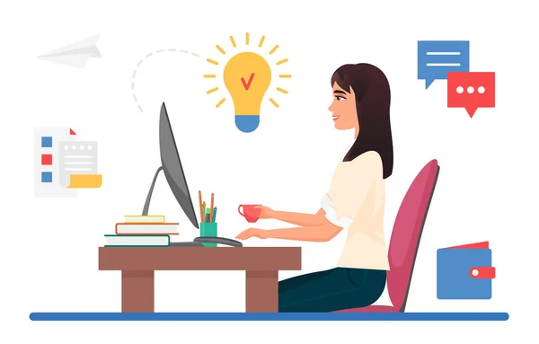 Business creative idea, work project inspiration, young woman sitting at computer desk — Vector de stock