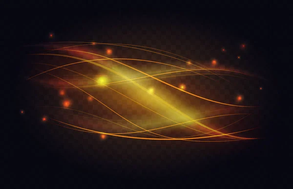 Abstract luminous line waves of golden light effect, shiny curve stream shapes flow — Vetor de Stock