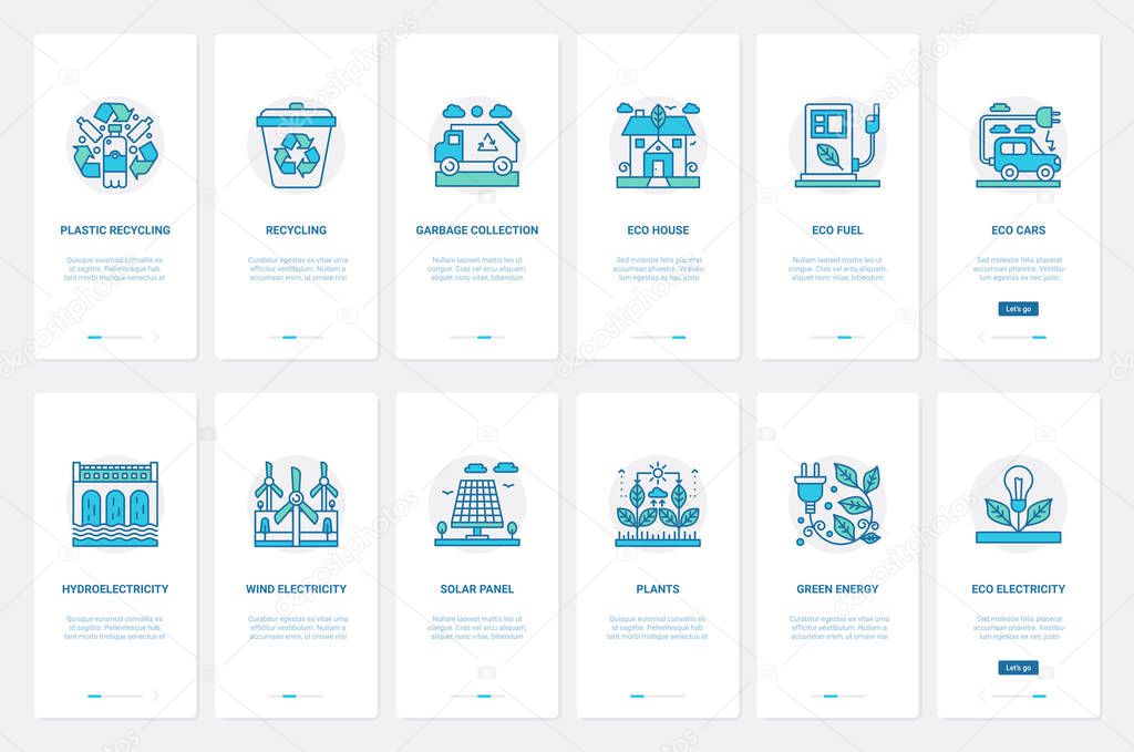 Eco electricity, environmental protection and reuse UX, UI mobile app page screen set