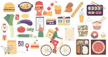 Fast food servis seti, kurye teslimatlı koleksiyon, yemek kutusu çevrimiçi sipariş