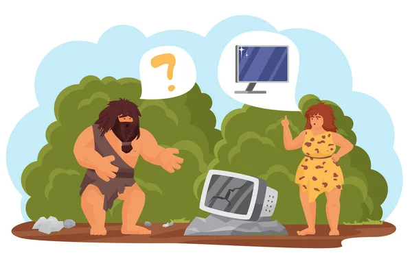 Primitive tribe people with modern technology, cave man and woman dreaming of new pc — Stock Vector