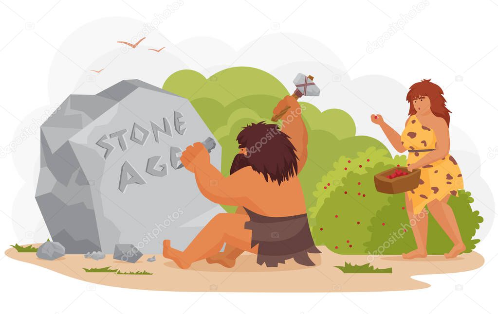 Prehistoric ancient primitive cave tribe man and woman vector illustration. Cartoon wild prehistoric caveman character sitting, writing, carving stone age inscription on rock isolated on white