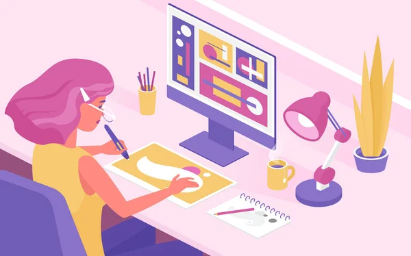 Grafik tabletle çalışan, evde ya da ofis masasında oturan Isome marka kız tasarımcı. — Stok Vektör