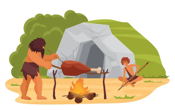 Prymitywni neandertalczycy gotują jedzenie w pobliżu jaskini, prehistoryczna scena epoki kamienia — Wektor stockowy