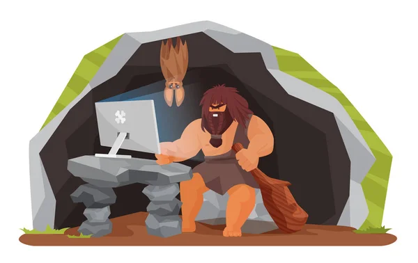 Antico cavernicolo che utilizza il computer nella grotta preistorica, uomo selvaggio dell'età della pietra seduto con pc — Vettoriale Stock