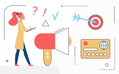 Dijital medya pazarlama ajansı ve iş adamları, dev megafon, kredi kartı simgeleri