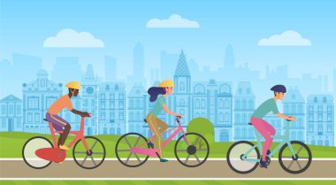 İnsanlar şehir yolunda bisiklet sürüyor, şehir manzarası panoramalarında bisikletçiler var.