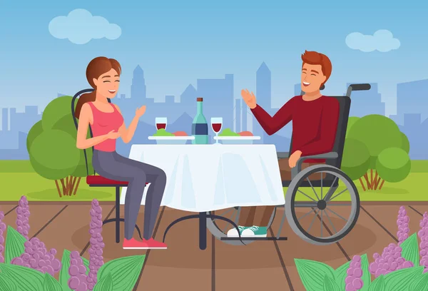 Casal pessoas comem no terraço no verão, homem com deficiência em cadeira de rodas jantando com menina — Vetor de Stock