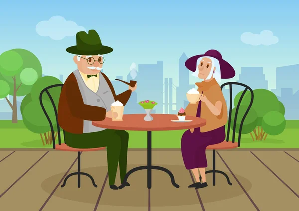 Elderly couple people drinking coffee in outdoor city street cafe, urban cityscape — Stock Vector