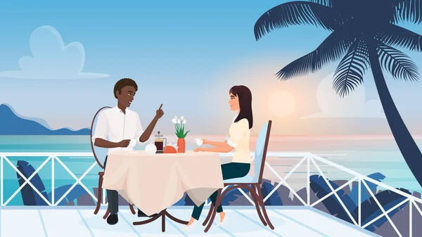 야외 카페에서 연애 연애를 즐기는 커플 이 열 대 해변 테라스에 앉아 있는 모습 — 스톡 벡터
