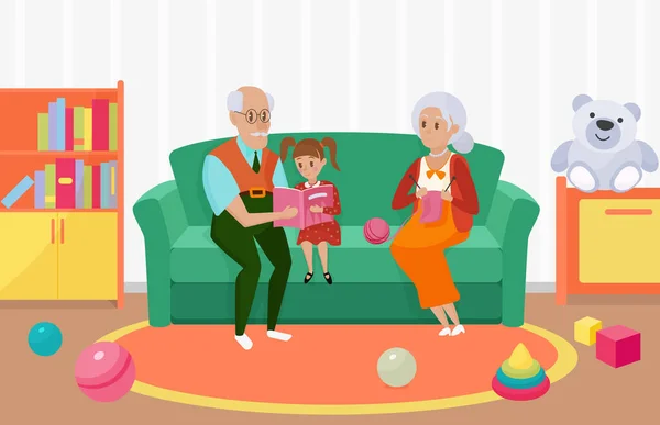 Familia feliz gente leer libro juntos, abuela abuelo nieta leer — Vector de stock