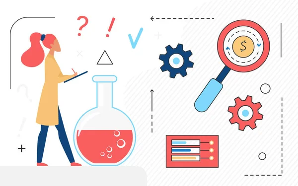 Investigación de empresarios, trabajo en estrategia financiera de éxito con frasco, iconos de lupa — Vector de stock