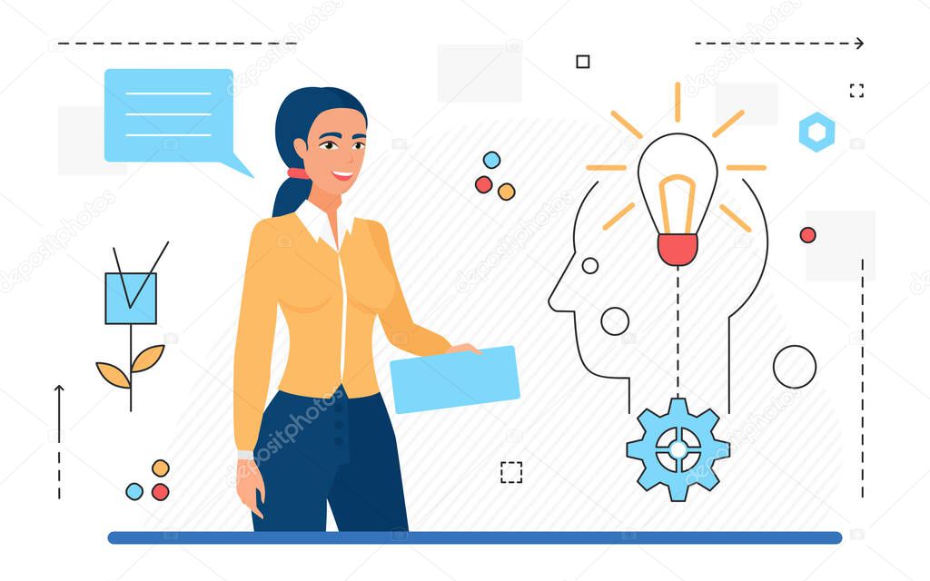 Business idea, woman character and light bulb in abstract human brain isolated