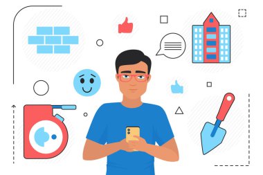 Ev onarım servisi çevrimiçi siparişi, işçi tamircisini aramak için telefonu kullanan müşteri.